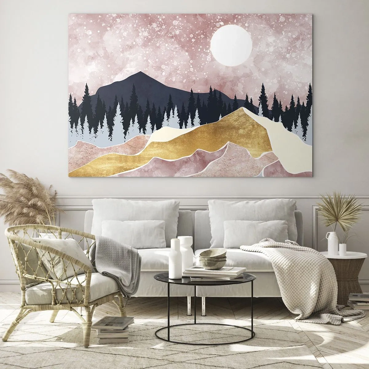 Glasbild - Bild auf glas - Berge und Wald im Mondlicht vor einem rosa Himmel - 70x50cm - Nachtwache - Moderne Wanddekoration für Wohnzimmer und Schlafzimmer ARTTOR