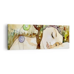 Bild auf Leinwand - Leinwandbild - Eine träumende Frau, umgeben von abstrakten Formen und Farben. - 140x50cm - Ein smaragd-violetter Traum - Moderne Wanddekoration für Wohnzimmer und Schlafzimmer ARTTOR