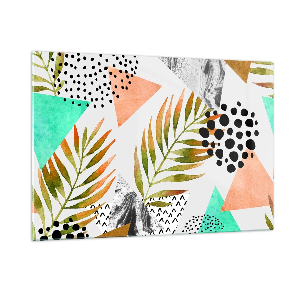 Glasbild - Bild auf glas - Geometrische Formen und Blätter in Pastellfarben - 120x80cm - Dekoration mit Palmblatt - Moderne Wanddekoration für Wohnzimmer und Schlafzimmer ARTTOR