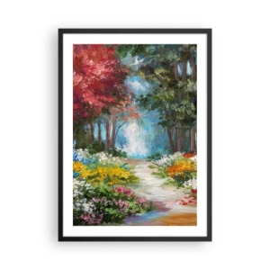 Poster in einem schwarzem Rahmen - Ein farbenfroher Waldgarten voller Blumen und Bäume - 50x70cm - Waldgarten, Blumenwald - Moderne Wanddekoration für Wohnzimmer und Schlafzimmer ARTTOR