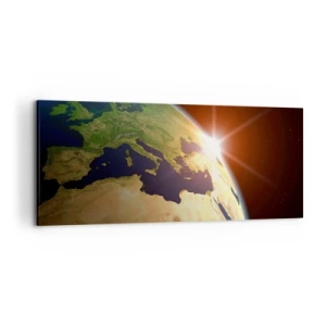 Bild auf Leinwand - Leinwandbild - Blick auf die Erde aus dem Weltraum mit Sonnenstrahlen am Horizont - 120x50cm - Sonnenaufgang - Moderne Wanddekoration für Wohnzimmer und Schlafzimmer ARTTOR