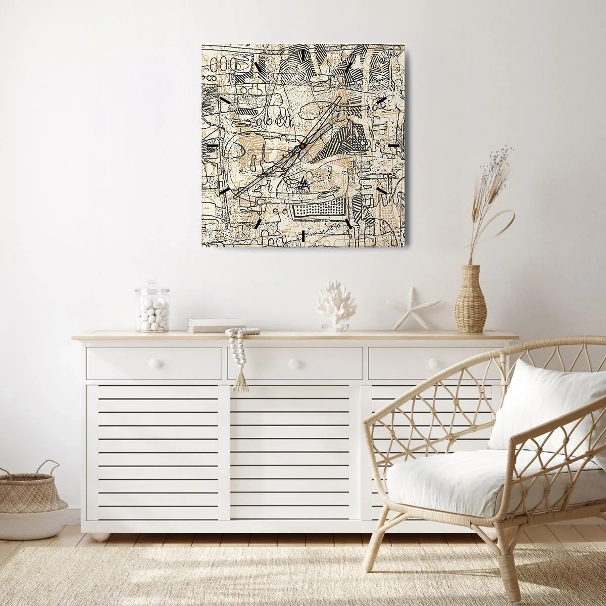 Wanduhr - Glasuhr - Abstrakte Muster und Linien auf beigem Hintergrund - 30x30cm - Es wartet darauf, entschlüsselt zu werden - Moderne Wanddekoration für Wohnzimmer und Schlafzimmer ARTTOR