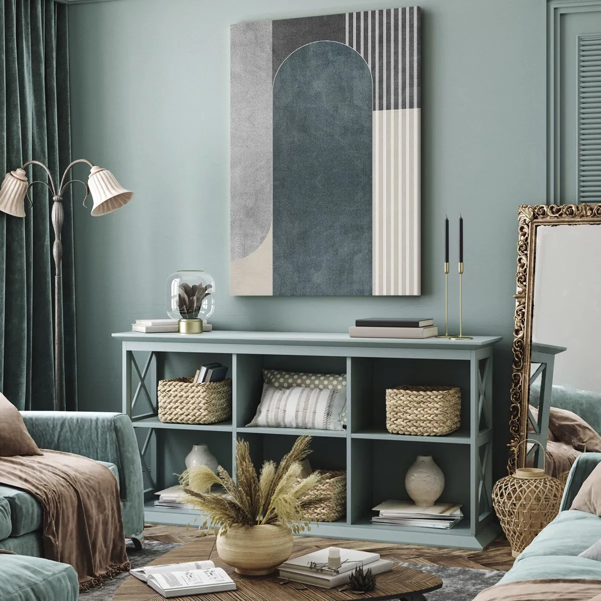 Bild auf Leinwand - Leinwandbild - Geometrische Abstraktion in Grau- und Grüntönen - 80x120cm - Komposition auf der Ebene - Moderne Wanddekoration für Wohnzimmer und Schlafzimmer ARTTOR