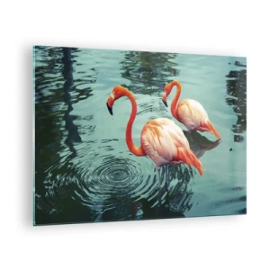 Glasbild - Bild auf glas - Flamingos auf dem Wasser in harmonischer Komposition - 70x50cm - Wir sind jetzt in Mode - Moderne Wanddekoration für Wohnzimmer und Schlafzimmer ARTTOR