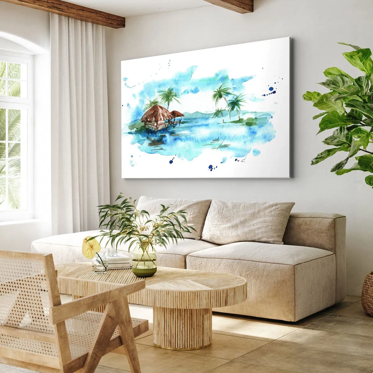 Bild auf Leinwand - Leinwandbild - Aquarellmalerei einer tropischen Landschaft mit Häusern und Palmen - 120x80cm - Irgendwo im Pazifik - Moderne Wanddekoration für Wohnzimmer und Schlafzimmer ARTTOR