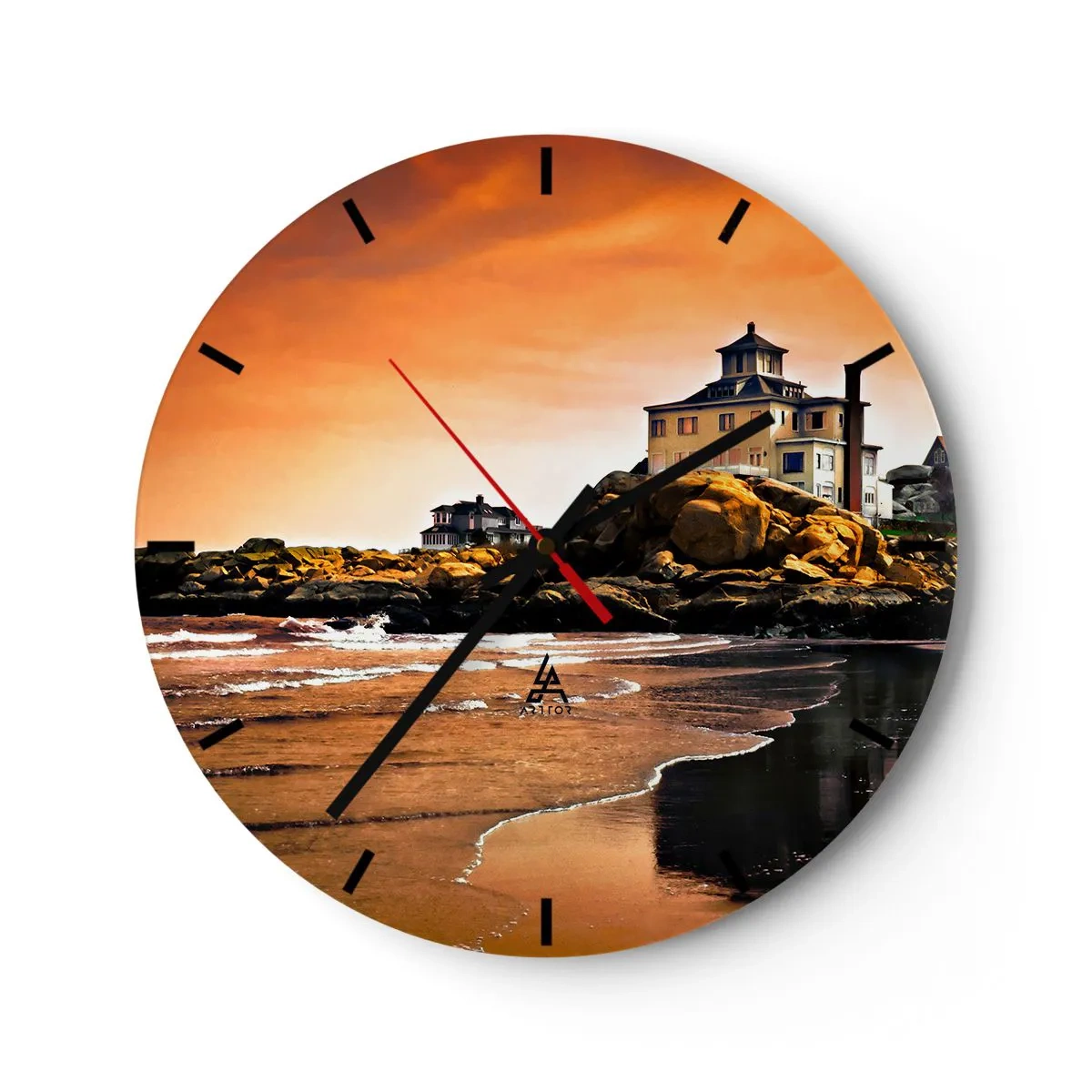Wanduhr - Glasuhr - Ein Haus an einer felsigen Küste bei Sonnenuntergang - 30x30cm - Eleganz der Westküste - Moderne Wanddekoration für Wohnzimmer, Küche und Schlafzimmer ARTTOR