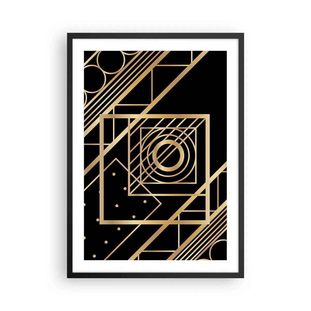 Poster in einem schwarzem Rahmen - Goldene geometrische Muster auf schwarzem Hintergrund im Art-Deco-Stil - 50x70cm - Goldene Geometrie - Moderne Wanddekoration für Wohnzimmer und Schlafzimmer ARTTOR