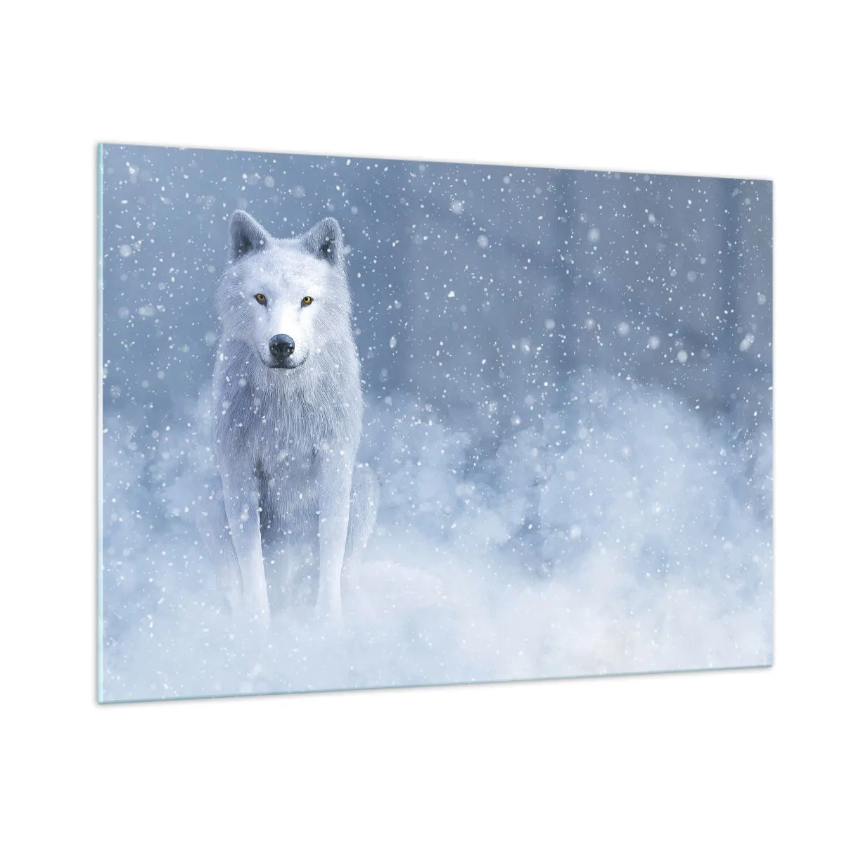 Glasbild - Bild auf glas - Ein weißer Wolf in einem Schneesturm, der geradeaus schaut - 100x70cm - In Winterstimmung - Moderne Wanddekoration für Wohnzimmer und Schlafzimmer ARTTOR