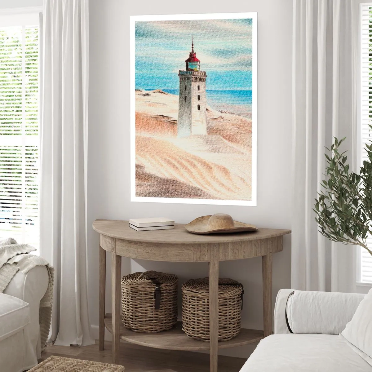 Poster - Ein Leuchtturm vor der Kulisse von Sanddünen und blauem Himmel - 50x70cm - Immer aufs Meer starrend - Moderne Wanddekoration für Wohnzimmer und Schlafzimmer ARTTOR