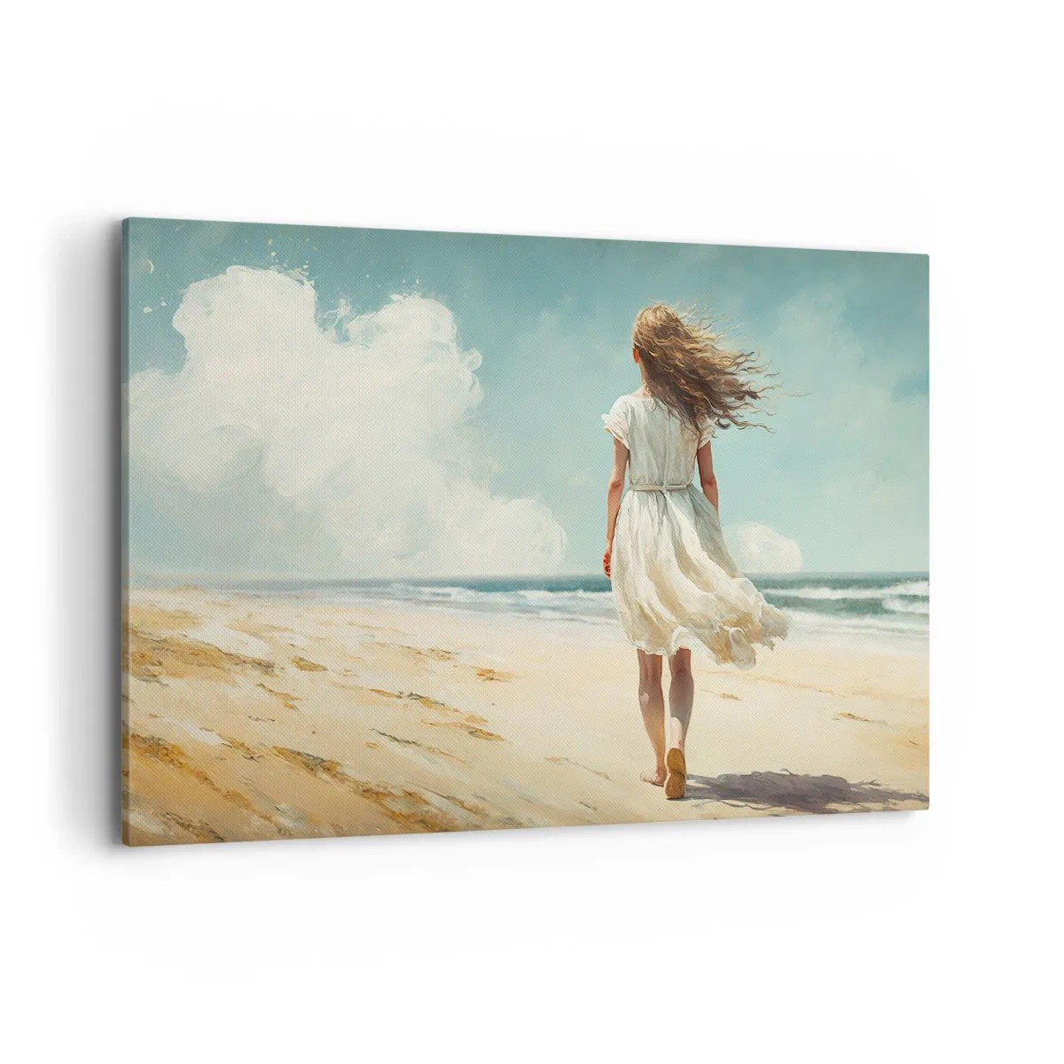 Bild auf Leinwand - Leinwandbild - Eine Frau in einem weißen Kleid geht an einem sonnigen Tag am Strand spazieren - 100x70cm - Der Sonne und dem Wind begegnen - Moderne Wanddekoration für Wohnzimmer und Schlafzimmer ARTTOR