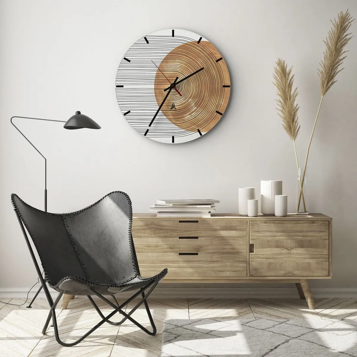 Wanduhr - Glasuhr - Holz und Linien auf hellem Hintergrund in geometrischer Harmonie - 30x30cm - SonnenKomposition - Moderne Wanddekoration für Wohnzimmer, Küche und Schlafzimmer ARTTOR