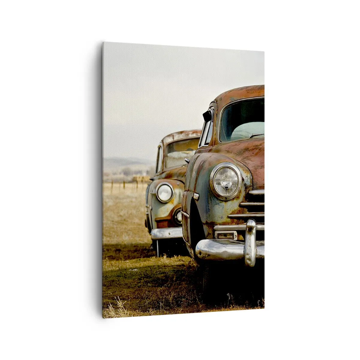Bild auf Leinwand - Leinwandbild - Zwei alte Autos auf einem Feldweg neben einem Holzzaun - 80x120cm - Eine wohlverdiente Ruhe - Moderne Wanddekoration für Wohnzimmer und Schlafzimmer ARTTOR