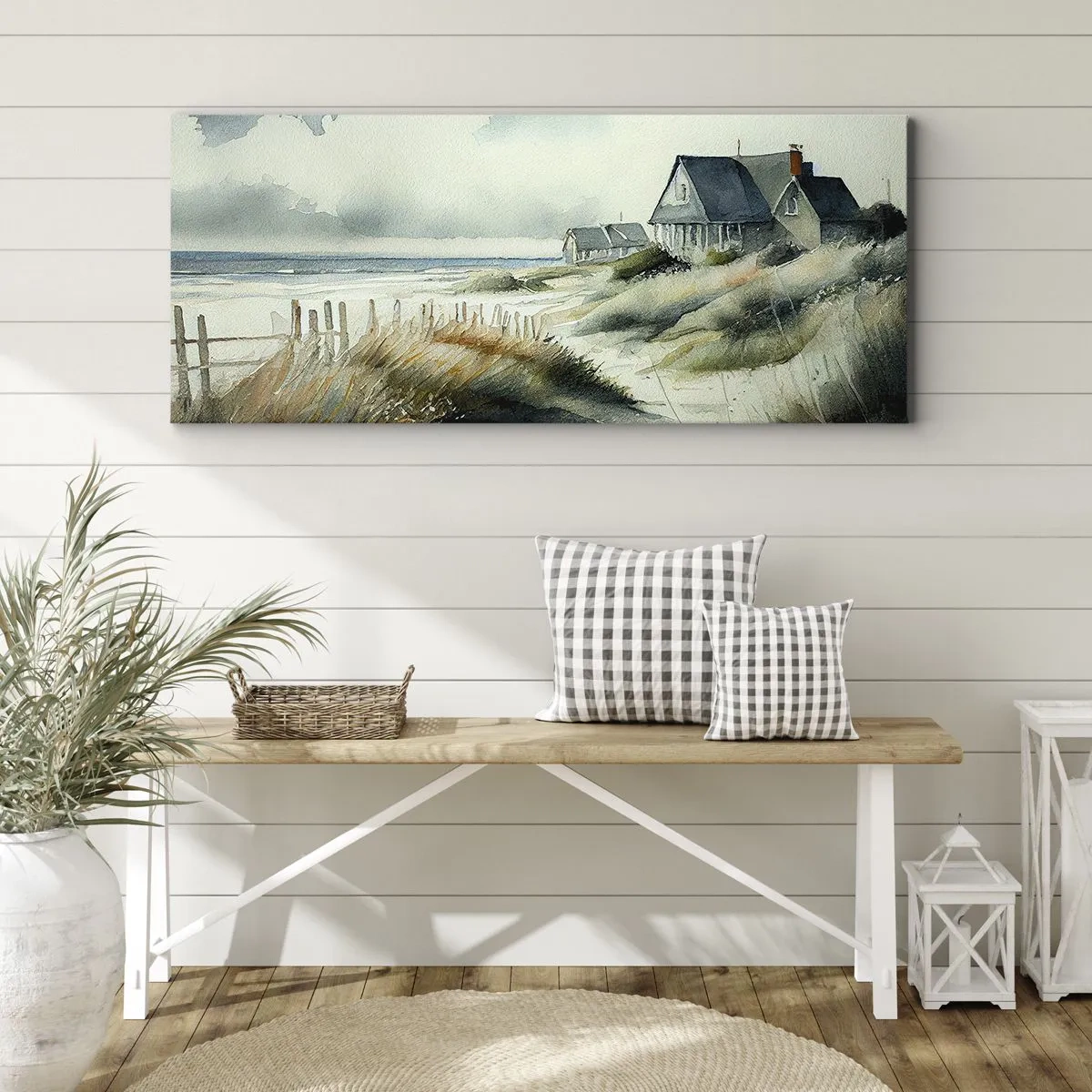 Bild auf Leinwand - Leinwandbild - Ein Haus am Meer, umgeben von Gras und mit Blick auf das Meer - 120x50cm - Abseits vom Trubel - Moderne Wanddekoration für Wohnzimmer und Schlafzimmer ARTTOR
