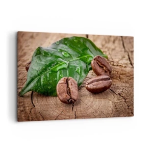 Bild auf Leinwand - Leinwandbild - Kaffeebohnen und grünes Blatt auf einem hölzernen Hintergrund - 120x80cm - Der wahrste und schwarze - Moderne Wanddekoration für Wohnzimmer und Schlafzimmer ARTTOR