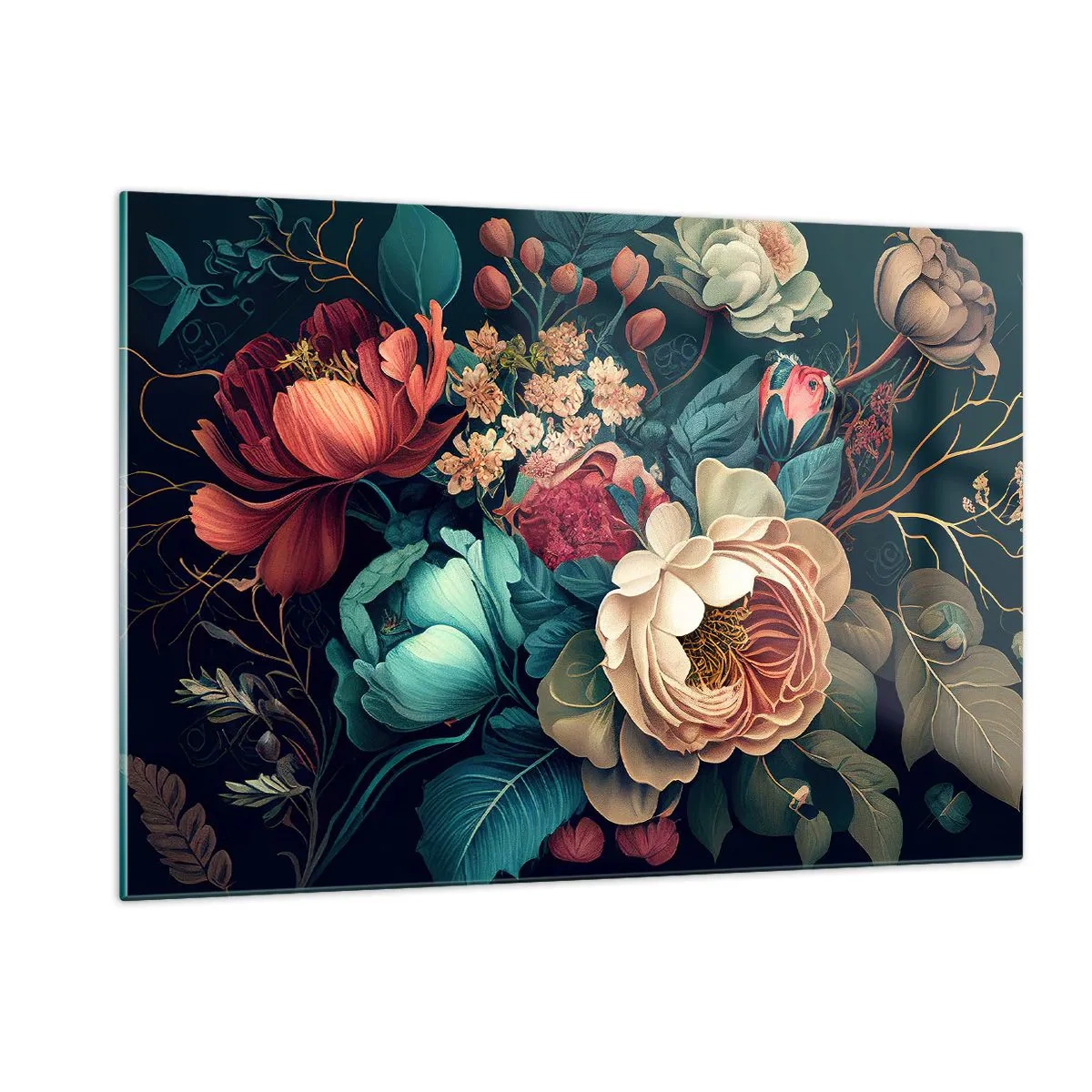 Glasbild - Bild auf glas - Vintage Blumenstrauß auf dunklem Hintergrund - 120x80cm - Charme des 19. Jahrhunderts - Moderne Wanddekoration für Wohnzimmer und Schlafzimmer ARTTOR