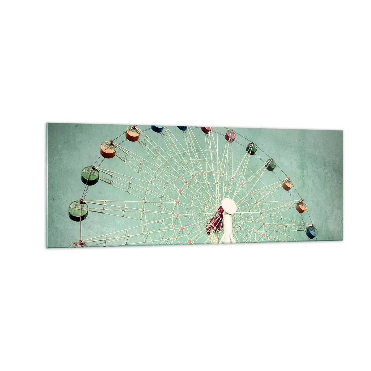 Glasbild - Bild auf glas - Ein buntes Riesenrad vor blauem Himmel im Retro-Stil - 140x50cm - Wir laden zum Spiel ein - Moderne Wanddekoration für Wohnzimmer und Schlafzimmer ARTTOR