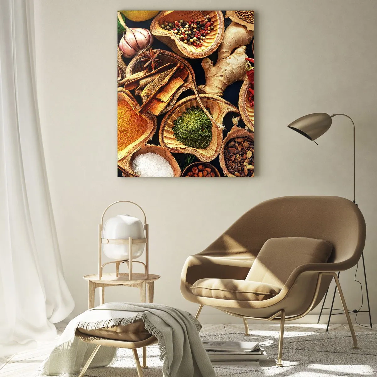 Glasbild - Bild auf glas - Bunte Gewürze in natürlichen Behältern mit Zusätzen - 50x70cm - Nimm was du willst - Moderne Wanddekoration für Wohnzimmer und Schlafzimmer ARTTOR