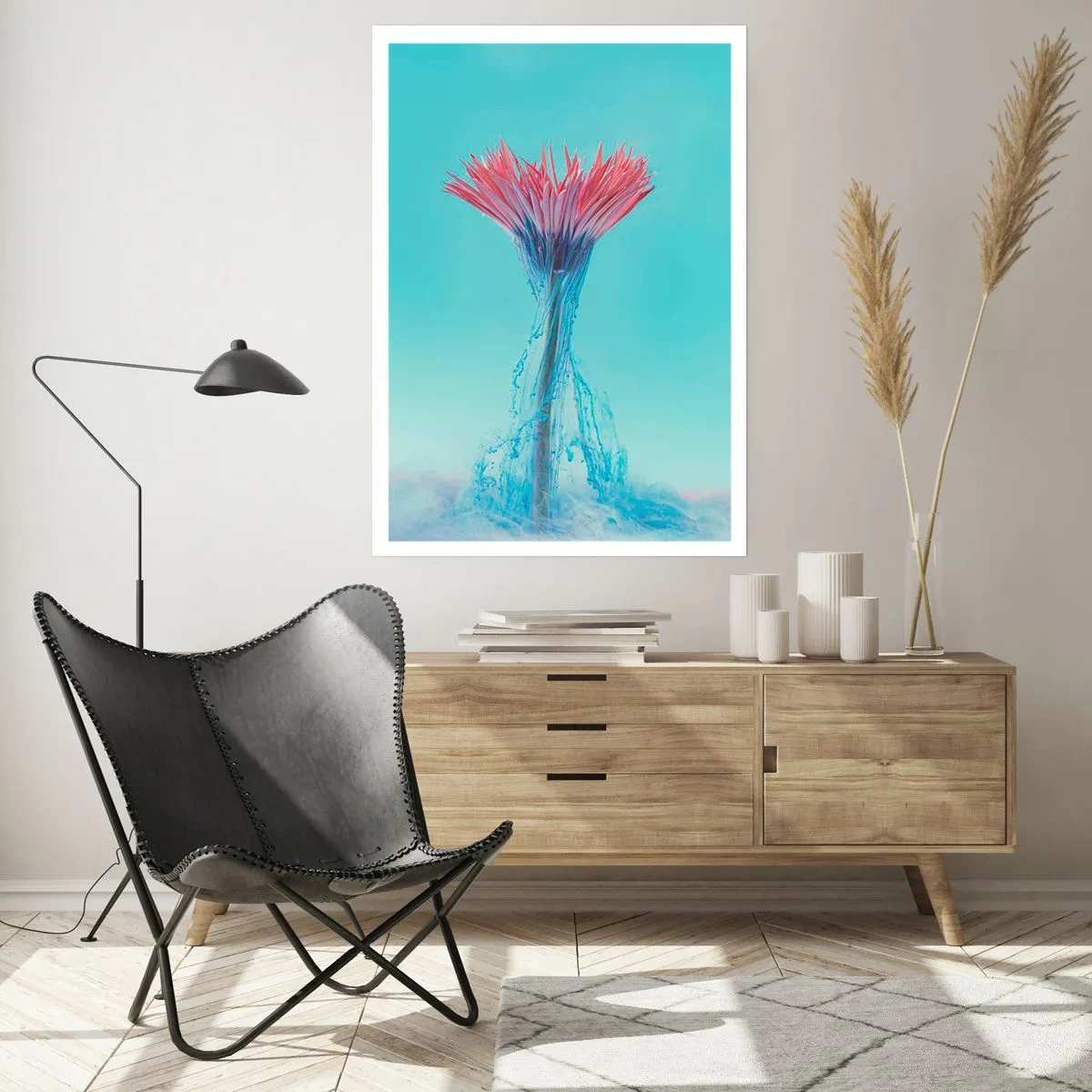Poster - Eine Blume, umgeben von bunten Strömen auf einem pastellfarbenen Hintergrund - 50x70cm - In einer belebenden Umarmung - Moderne Wanddekoration für Wohnzimmer und Schlafzimmer ARTTOR