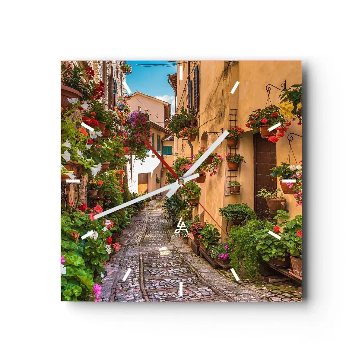 Wanduhr - Glasuhr - Eine bezaubernde Straße voller Blumen und Blumentöpfe - 30x30cm - Italienische Gasse - Moderne Wanddekoration für Wohnzimmer und Schlafzimmer ARTTOR