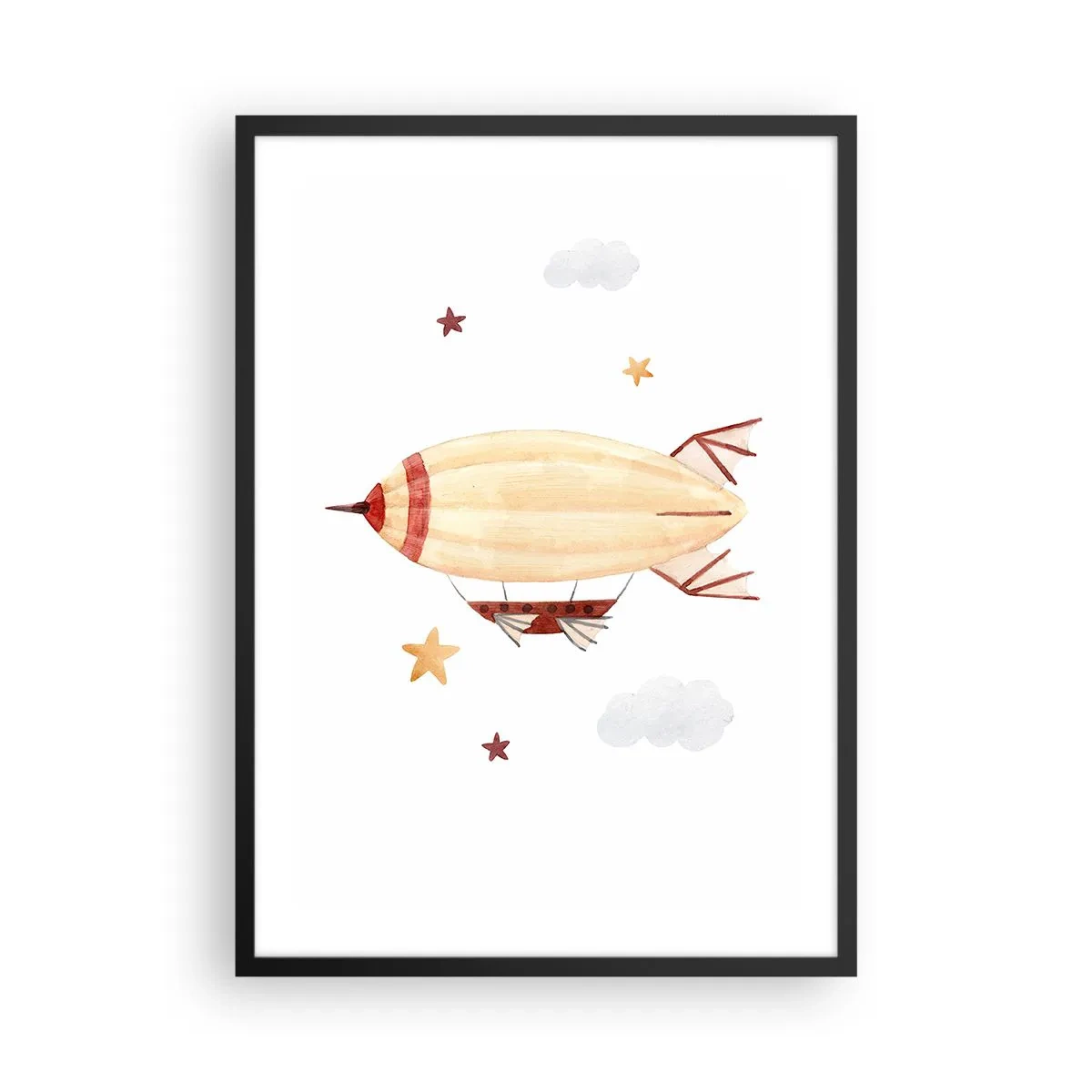 Poster in einem schwarzem Rahmen - Ein Aquarell-Luftschiff, das zwischen Sternen und Wolken schwebt. - 50x70cm - Luftschiff - Moderne Wanddekoration für Wohnzimmer und Schlafzimmer ARTTOR
