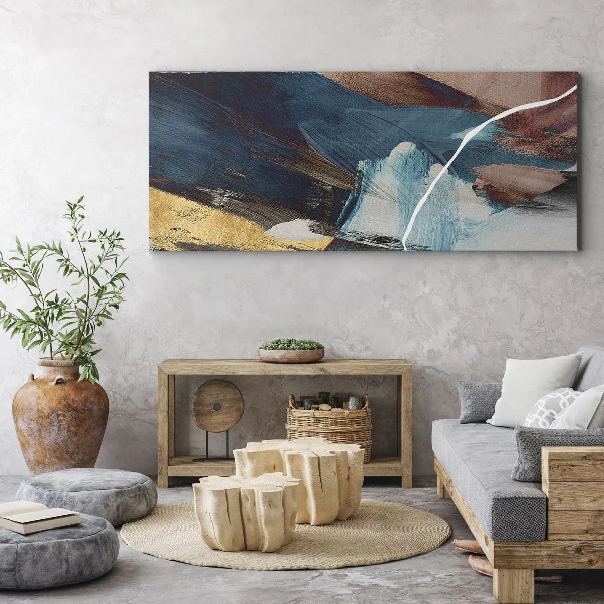 Bild auf Leinwand - Leinwandbild - Abstrakte Pinselstriche in Blau- und Goldtönen - 160x50cm - Großzügig und mit Energie - Moderne Wanddekoration für Wohnzimmer und Schlafzimmer ARTTOR
