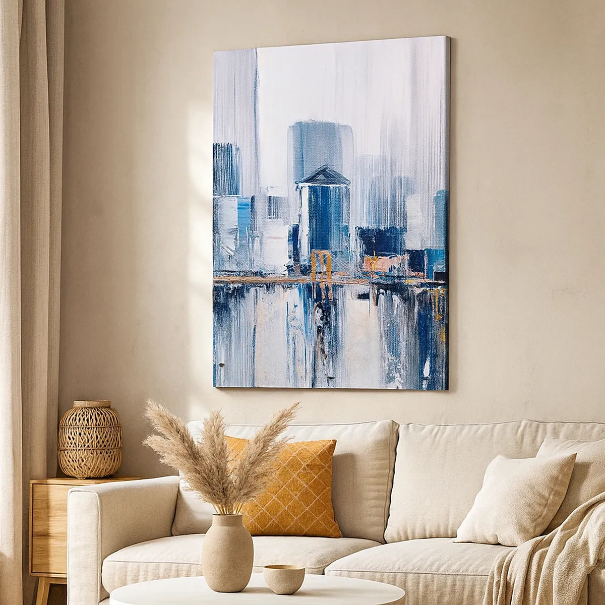 Bild auf Leinwand - Leinwandbild - Abstraktes Stadtpanorama mit Blau- und Gelbtönen - 50x70cm - New Yorker Eindruck - Moderne Wanddekoration für Wohnzimmer und Schlafzimmer ARTTOR