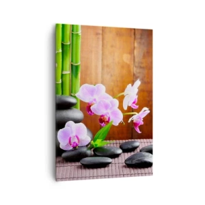 Bild auf Leinwand - Leinwandbild - Bambus, Steine und rosa Orchideen im Zen-Stil auf Holzhintergrund - 70x100cm - Treffen Sie die Freuden des Ostens - Moderne Wanddekoration für Wohnzimmer und Schlafzimmer ARTTOR