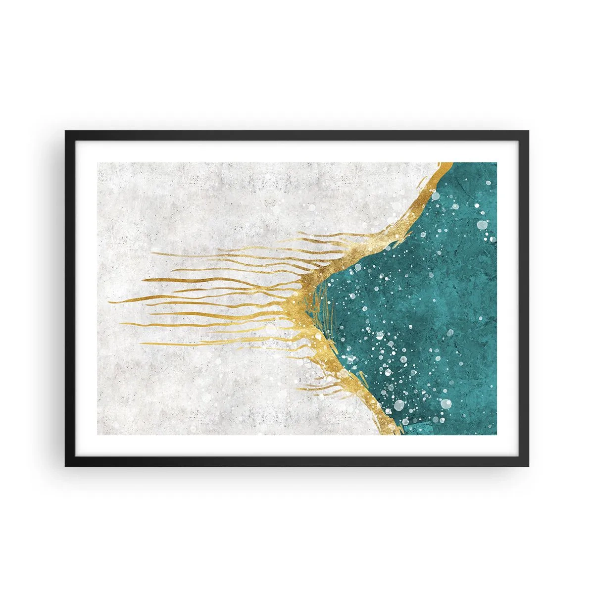 Poster in einem schwarzem Rahmen - Eine abstrakte Komposition in Gold- und Türkistönen - 70x50cm - Goldene Flut - Moderne Wanddekoration für Wohnzimmer und Schlafzimmer ARTTOR