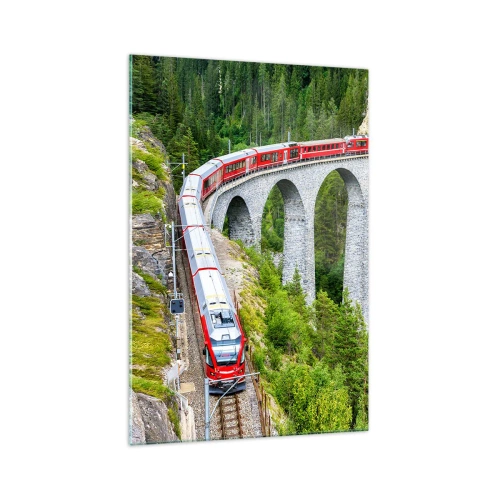 Glasbild - Bild auf glas - Ein Zug auf einem malerischen Viadukt in einer Berglandschaft - 70x100cm - Eisenbahn für Bergblick - Moderne Wanddekoration für Wohnzimmer und Schlafzimmer ARTTOR
