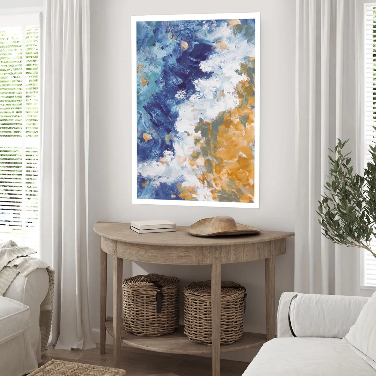 Poster - Eine abstrakte Komposition in Blau-, Weiß- und Goldtönen. - 50x70cm - Tanz der Naturelemente - Moderne Wanddekoration für Wohnzimmer und Schlafzimmer ARTTOR