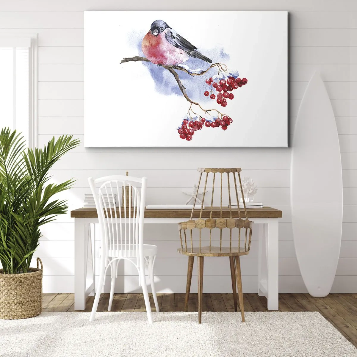 Bild auf Leinwand - Leinwandbild - Vogel auf einem Zweig mit roten Früchten im Aquarellhintergrund - 70x50cm - Winter in Farbe - Moderne Wanddekoration für Wohnzimmer und Schlafzimmer ARTTOR