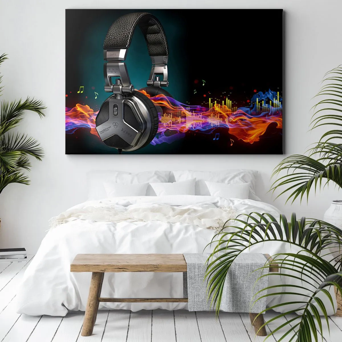 Bild auf Leinwand - Leinwandbild - Schwarze Kopfhörer mit farbenfrohem Musikvisualisierungseffekt - 120x80cm - Feuer der Musik - Moderne Wanddekoration für Wohnzimmer und Schlafzimmer ARTTOR