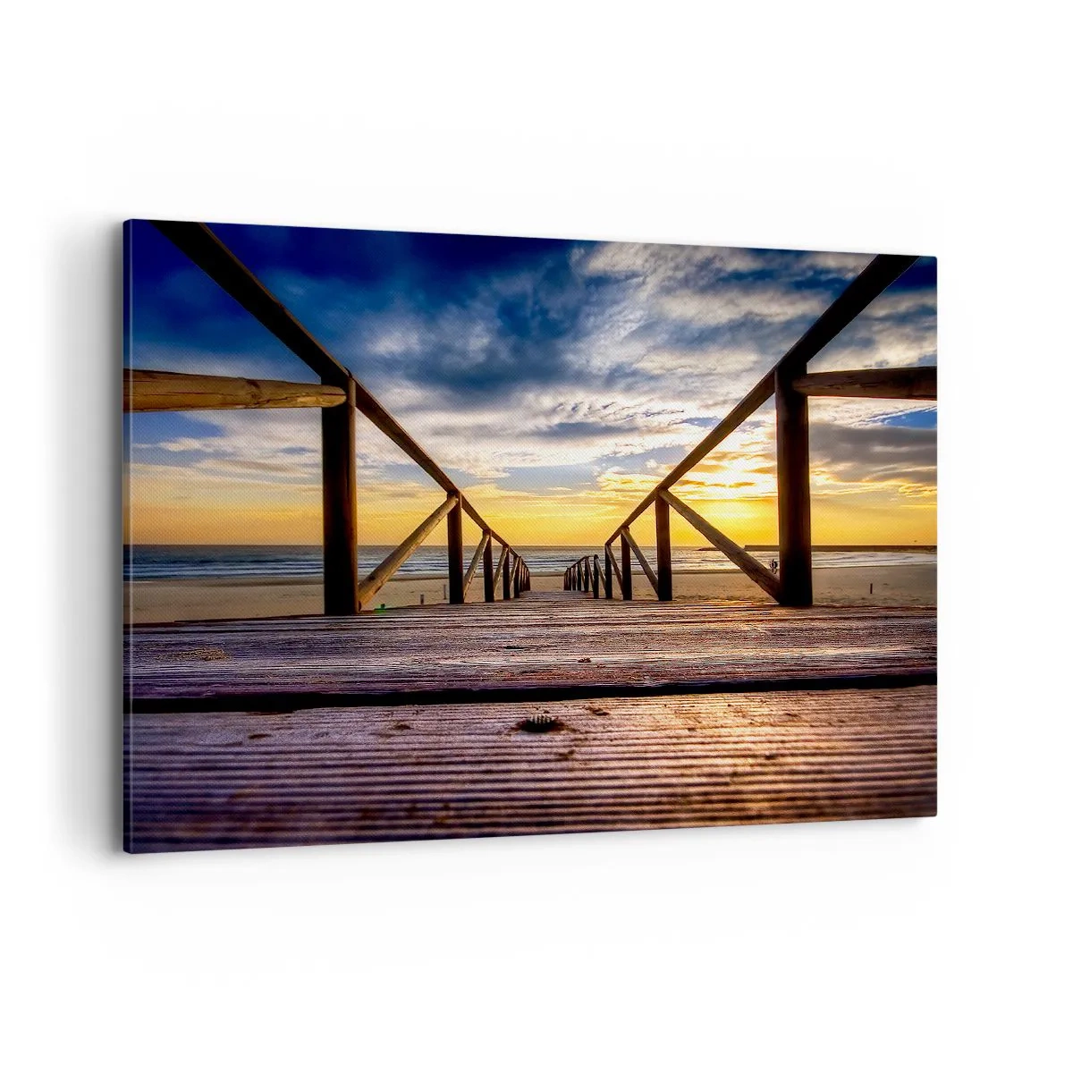 Bild auf Leinwand - Leinwandbild - Holzsteg zum Strand bei Sonnenuntergang - 100x70cm - Direkt zum ruhigen Strand bei Sonnenuntergang - Moderne Wanddekoration für Wohnzimmer und Schlafzimmer ARTTOR