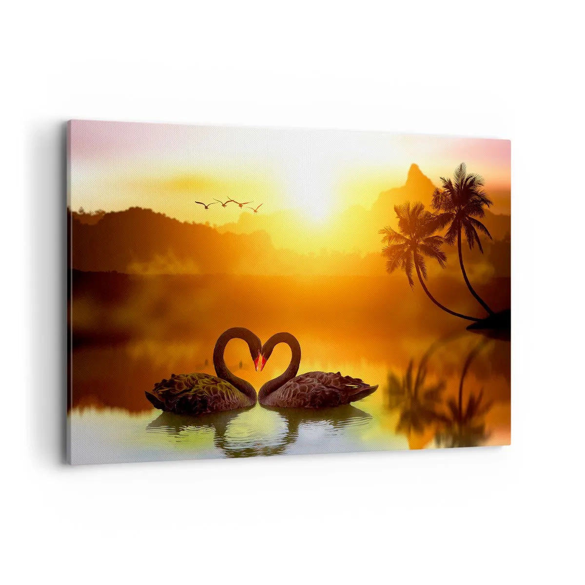 Bild auf Leinwand - Leinwandbild - Zwei schwarze Schwäne bilden ein Herz vor dem Hintergrund eines Sonnenuntergangs am See - 120x80cm - Alles passt zusammen - Moderne Wanddekoration für Wohnzimmer und Schlafzimmer ARTTOR