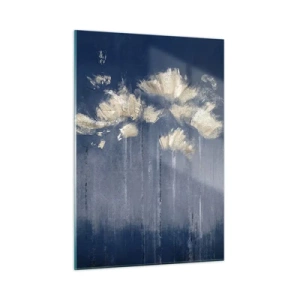 Glasbild - Bild auf glas - Goldenes abstraktes Blumenarrangement auf marineblauem Hintergrund - 50x70cm - Wie Blütenblätter im Wind - Moderne Wanddekoration für Wohnzimmer und Schlafzimmer ARTTOR