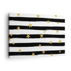 Bild auf Leinwand - Leinwandbild - Schwarz-weiße Streifen mit goldenen Sternen - 70x50cm - Wir wurden alle unter einem glücklichen Stern geboren - Moderne Wanddekoration für Wohnzimmer und Schlafzimmer ARTTOR