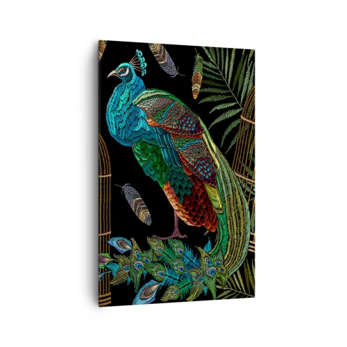 Bild auf Leinwand - Leinwandbild - Pfauen neben einem goldenen Käfig auf schwarzem Hintergrund - 80x120cm - In königlichen Gewändern - Moderne Wanddekoration für Wohnzimmer und Schlafzimmer ARTTOR