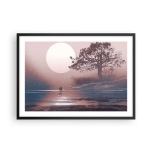 Poster in einem schwarzem Rahmen - Romantische Szene mit dem Mond und einem Baum am Wasser - 70x50cm - Wunder der Nacht - Moderne Wanddekoration für Wohnzimmer und Schlafzimmer ARTTOR