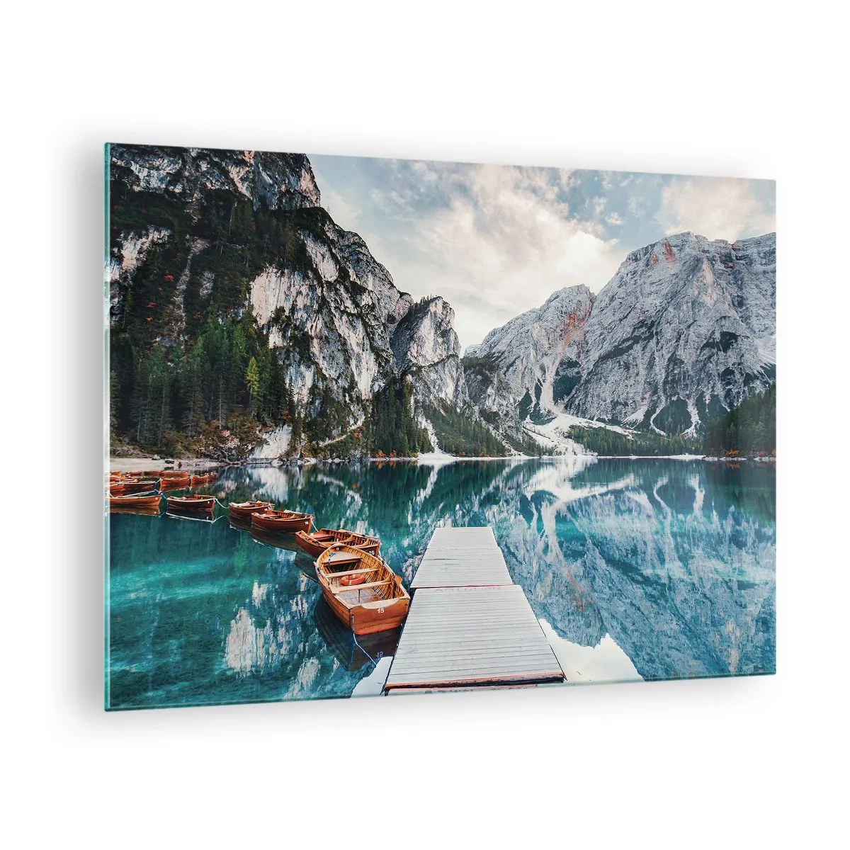 Glasbild - Bild auf glas - Eine Holzbrücke über einen türkisfarbenen See in den Bergen - 70x50cm - Wir zeigen Ihnen Schönheit - Moderne Wanddekoration für Wohnzimmer und Schlafzimmer ARTTOR