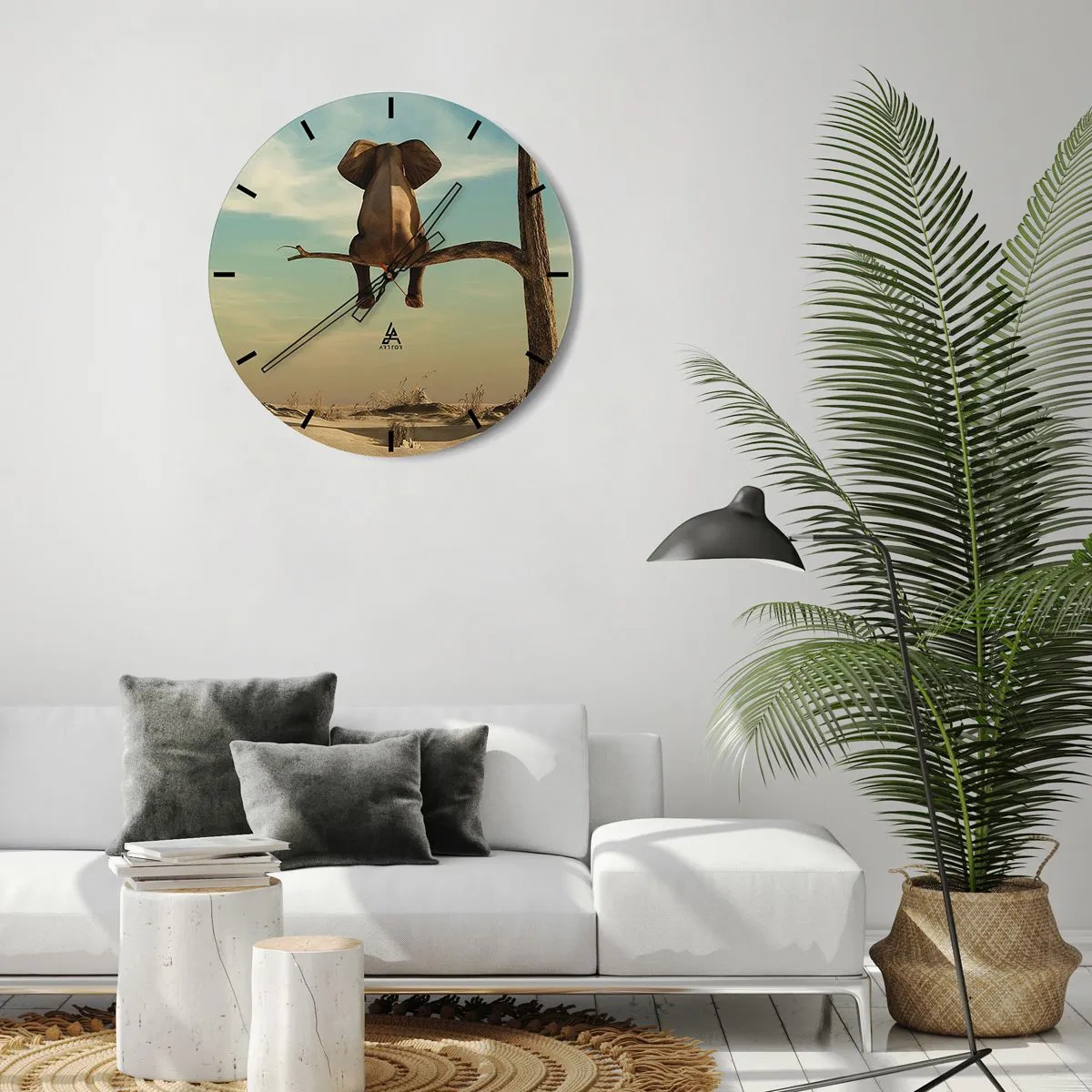 Wanduhr - Glasuhr - Ein Elefant sitzt auf dem Ast eines einsamen Baumes vor dem Himmel - 30x30cm - Neuer Blickwinkel - Moderne Wanddekoration für Wohnzimmer, Küche und Schlafzimmer ARTTOR