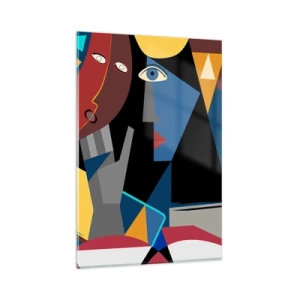 Glasbild - Bild auf glas - Kubistische Gesichter in intensiven Farben - 80x120cm - Gespräch zwischen Kubisten - Moderne Wanddekoration für Wohnzimmer und Schlafzimmer ARTTOR