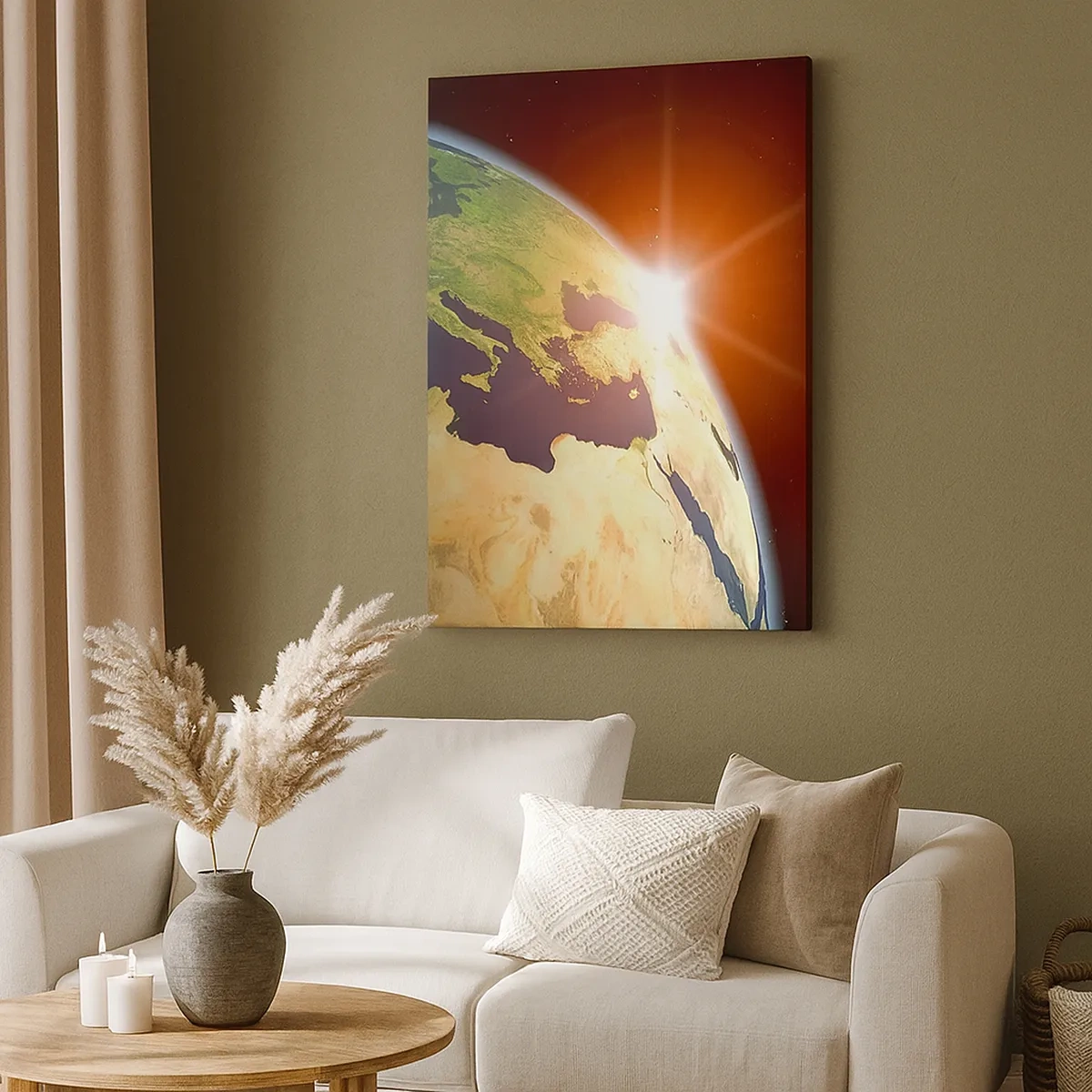 Bild auf Leinwand - Leinwandbild - Blick auf die Erde aus dem Weltraum mit Sonnenstrahlen am Horizont - 50x70cm - Sonnenaufgang - Moderne Wanddekoration für Wohnzimmer und Schlafzimmer ARTTOR