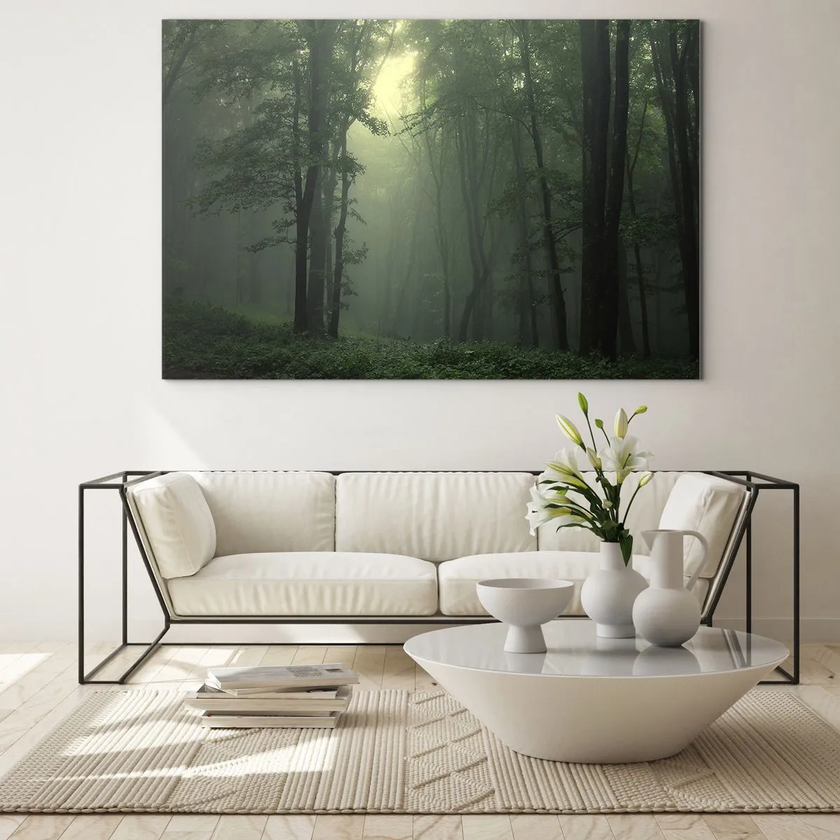 Glasbild - Bild auf glas - Ein dunkler Wald, in Nebel gehüllt, mit Lichtstrahlen - 120x80cm - Bevor er aufwacht - Moderne Wanddekoration für Wohnzimmer und Schlafzimmer ARTTOR