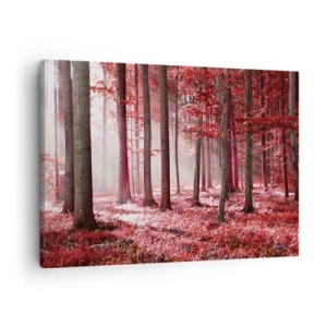Bild auf Leinwand - Leinwandbild - Ein atemberaubender Wald in roten Farbtönen mit Lichtstrahlen, die durch die Bäume dringen - 70x50cm - Rot ist genauso schön - Moderne Wanddekoration für Wohnzimmer und Schlafzimmer ARTTOR