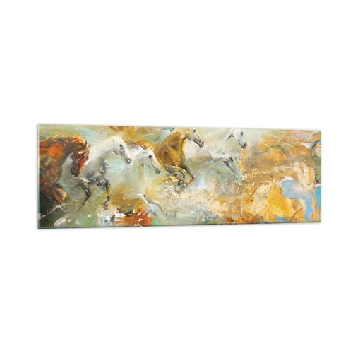 Glasbild - Bild auf glas - Künstlerische Pferde in einer dynamischen, farbenfrohen Umgebung - 160x50cm - Im Galopp durch das Licht - Moderne Wanddekoration für Wohnzimmer und Schlafzimmer ARTTOR