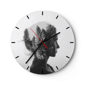 Wanduhr - Glasuhr - Profil einer Frau mit einem Pflanzenmotiv im Hintergrund - 30x30cm - Dame des Kiefernwaldes - Moderne Wanddekoration für Wohnzimmer, Küche und Schlafzimmer ARTTOR