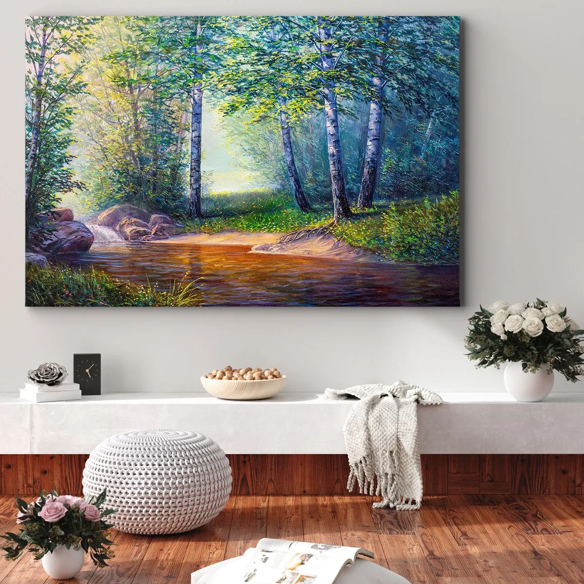 Bild auf Leinwand - Leinwandbild - Ein Waldbach, umgeben von Birken und Sonnenschein - 70x50cm - Idyllische Landschaft - Moderne Wanddekoration für Wohnzimmer und Schlafzimmer ARTTOR
