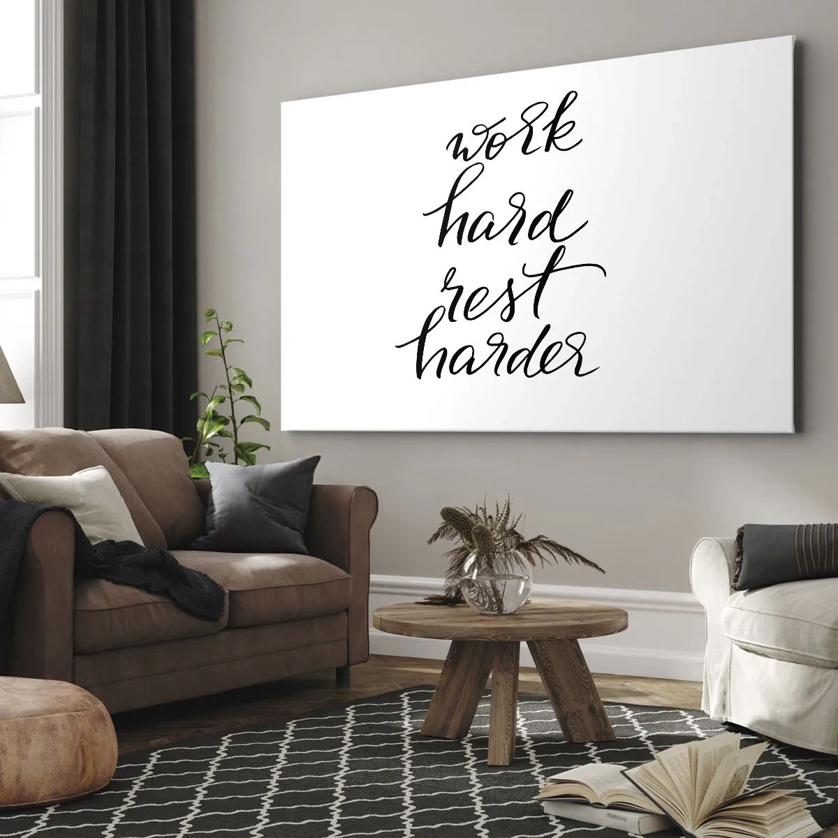 Bild auf Leinwand - Leinwandbild - Zitat „Arbeite hart, ruhe dich härter aus“ auf weißem Hintergrund - 70x50cm - Lebensbalance - Moderne Wanddekoration für Wohnzimmer und Schlafzimmer ARTTOR