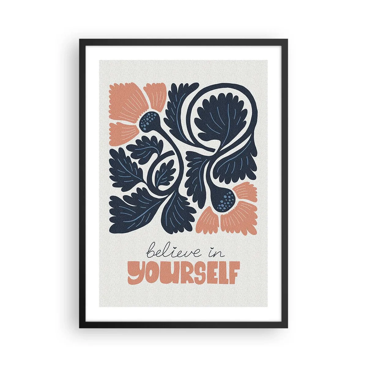 Poster in einem schwarzem Rahmen - Stilisierte Blumen in Marineblau und Pink mit einer inspirierenden Aufschrift - 50x70cm - Und du gedeihst - Moderne Wanddekoration für Wohnzimmer und Schlafzimmer ARTTOR