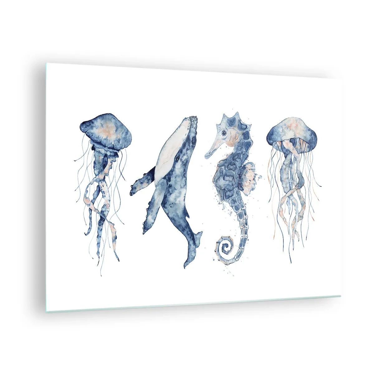 Glasbild - Bild auf glas - Meerestiere im zarten Aquarellstil - 70x50cm - Meereswunder - Moderne Wanddekoration für Wohnzimmer und Schlafzimmer ARTTOR